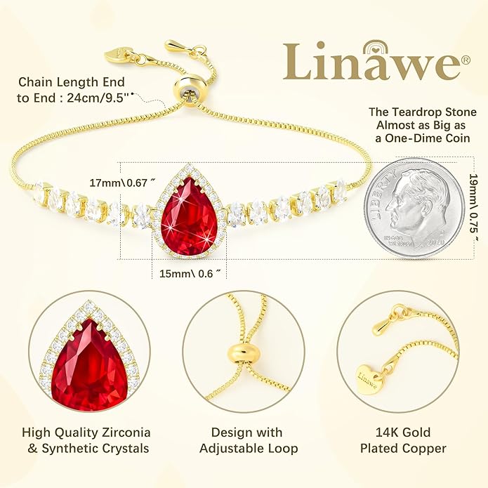 Linawe Crystal Imitation Diamond Rhinestone Charm Bracelets for Women, Gold/Silver/Rose Gold Adjustable Chain Bracelet, Teardrop Birthstone Cubic Zirconia Prom Costume Wedding Jewelry