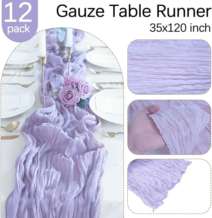 12 Pack Lavender Purple Cheesecloth Table Runner 10FT Boho Gauze Fabric Purple Table Runner 35 x 120 Inch Rustic Sheer for Home Wedding Decor Baby Shower Party Decoration