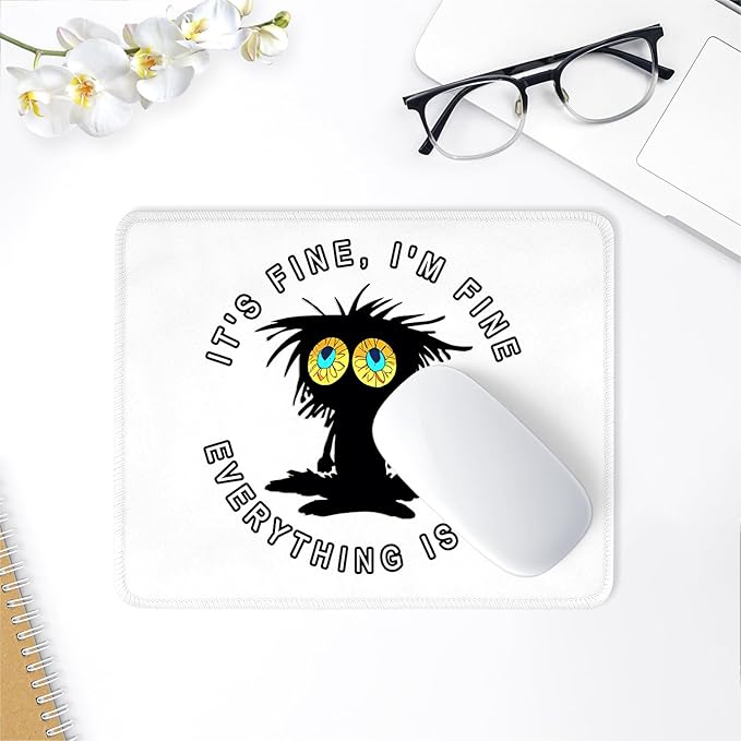 ITNRSIIET Mouse Pad with Stitched Edge Premium Textured Smooth Precise Operation Waterproof Washable Non-Slip Rubber Base Desktop Protection Mat, 10.2×8.3×0.12 inches, Funny Black Cat