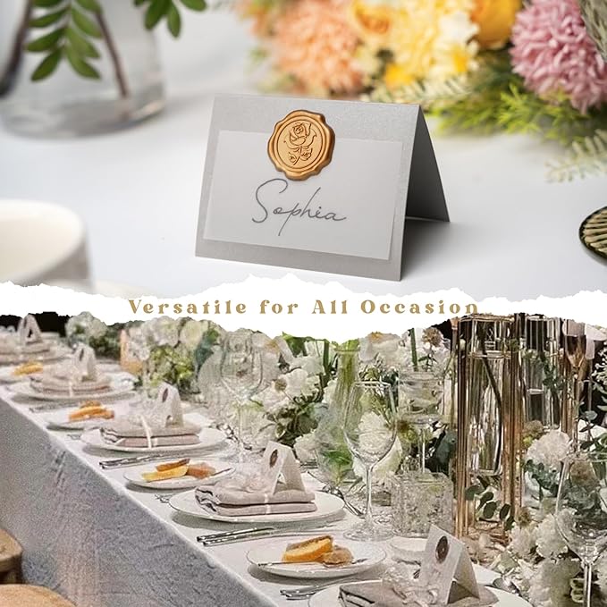 25 Pack Name Cards for Table Setting, Place Cards with Antique Gold Rose Wax Seal Sticker for Wedding, Table Tent Card Stock Handmade Decor for Party, Dinner, Home (Pearlized Silver Gray)