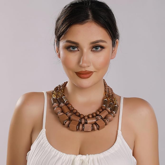 Coiris Layer Chunky Wood Beaded Necklace Exaggerated Statement Bead Collar Necklace Bib Necklaces