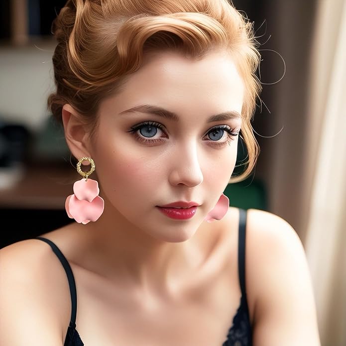 Anmpab Statement Matte Rose Flower Petal Stud Earrings for Women Dangly Floral Petal Earrings Jewelry Accessories Romantic Gifts for Her Women