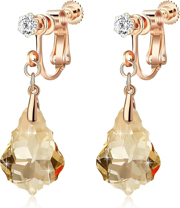 Austrian Crystal Baroque Drop Clip On Dangle Earrings for Women Non Pierced 14K Rose Gold Plated Hypoallergenic Jewelry