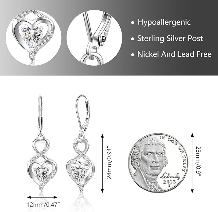 Sterling Silver Dangle Earrings for Women Trendy Hypoallergenic Leverback Silver Drop Earrings with Cubic Zirconia Double Twisted Infinity Heart Ball Charm Dangle Drop Earring Jewelry