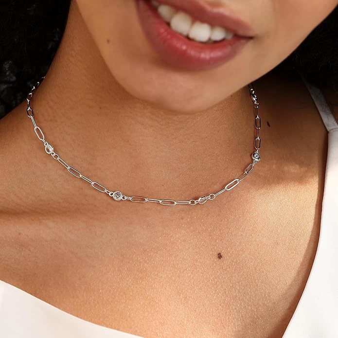 Valentines Day Gifts for Women Her - Dainty Necklaces for Women Cute Station Choker Simulated Diamond Necklace Simple Layering CZ Necklace Trendy Jewelry Gifts