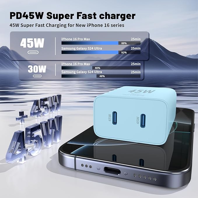 Super Fast Samsung Charger Type C,45W Dual Port USB C Fast Charger Block [2-Pack] & Extra Long 60W 3/6/6/10FT USB C Cable - PD Quick Charging 3.0 for Samsung Galaxy S25 Ultra/S24+/S23 iPhone 16