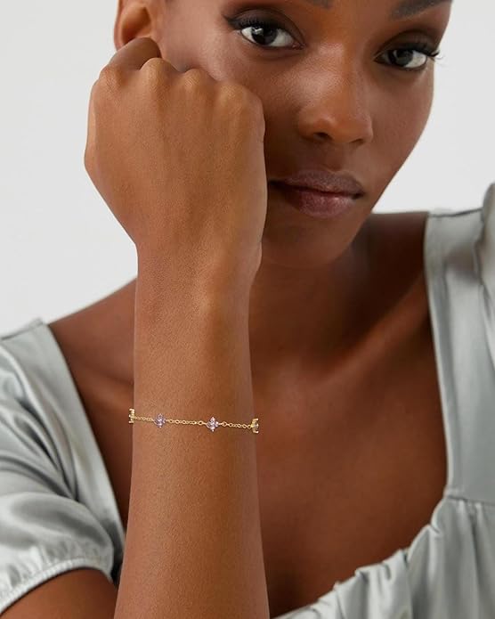 JSJOY Birthstone Bracelets for Women, 14K Gold Bracelets for Women Mom Gifts Birthday Valentines Day Gifts for Gf Dainty Flower Gift for Her Birthstone Bracelet Mothers Day Gift