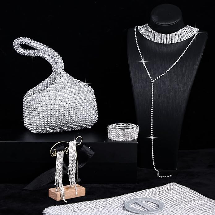 Hicarer 5 Pcs Dressy Jewelry Sets, Silver Shawls and Wraps, Clutch Purse for Homecoming Prom Evening Women Formal