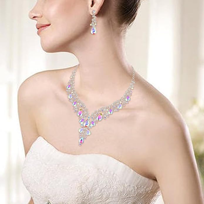 BriLove Women's Wedding Bridal Austrian Crystal Teardrop Flower Cluster Statement Necklace Dangle Earrings Jewelry Set for Party Prom