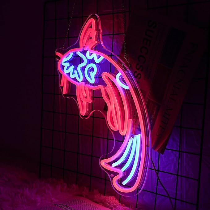 Koi Fish Neon Sign Koi Carp Neon Lights Japanese Fish Led Neon Red Blue Lucky Fish Neon Signs for Wall Decor 17”x9.5”with USB/Switch for Bar, Restaurant, Office, Living Room