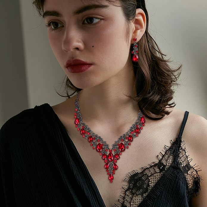 BriLove Women's Wedding Bridal Austrian Crystal Teardrop Flower Cluster Statement Necklace Dangle Earrings Jewelry Set for Party Prom