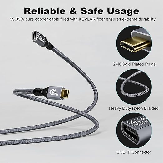 Type C Cable, 240W 48V/5A USBC to USB C 3.2 Gen2×2 Extension Cable, 20Gps Male Female Extender Cable, 4K@60Hz Dual C Video Cord for MacBook Pro, Dell, Arzopa, Galaxy, Portable Monitor