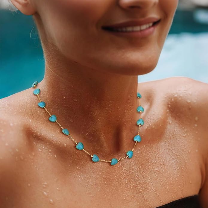 Created Turquoise Necklace for Women 14K Gold Plated Beaded Heart Choker Boho Necklaces Handmade Beach Summer Everyday Western Jewelry Gifts