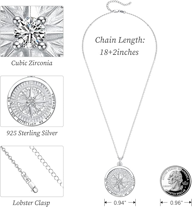 KINGWHYTE Graduation Gifts Birthstone Necklace for Women 925 Sterling Silver Compass Pendant Go in the Direction of your Dream Travel Jewelry Birthday Gift for Her