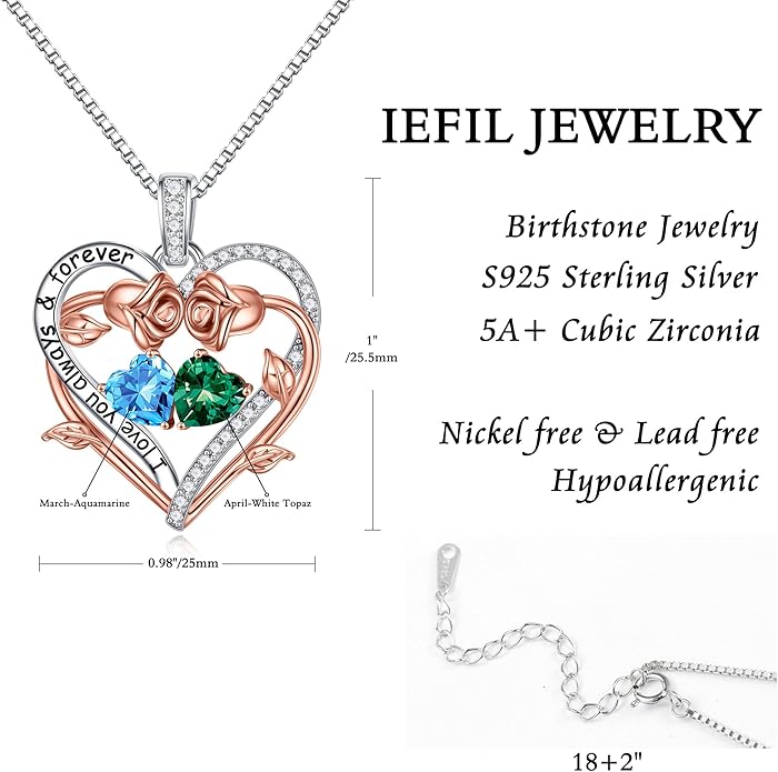 Iefil Valentines Gifts for Her Wife Women - Rose Heart Double Birthstone Necklace Gift for Wife Girlfriend Her Women, Birthstone Jewelry Gemstone Birthday Gifts for Mom Grandma Her