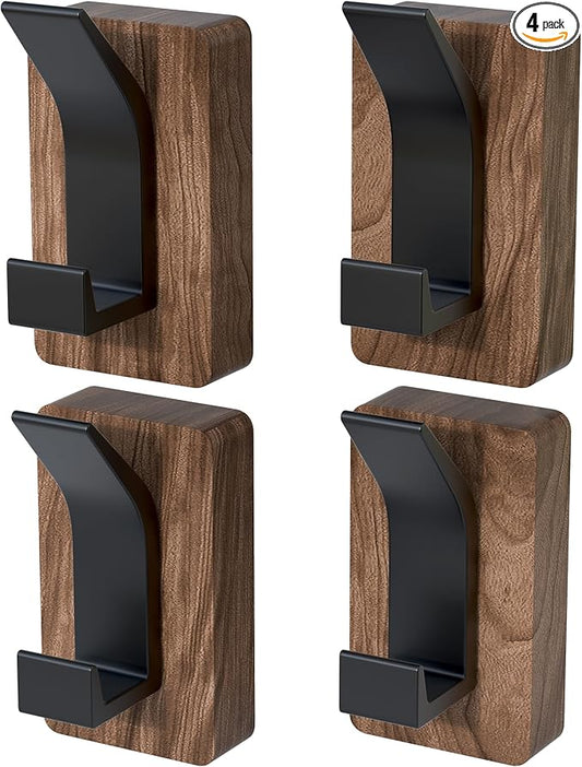 4 PCS Black Walnut Wood Wall Hooks Adhesive Mounted & Wall Mounted Rustic Decorative Entryway Hooks Mid Century Modern Natural Wooden Pegs for Hanging Coat Clothes Hat Bag Purse and Towel