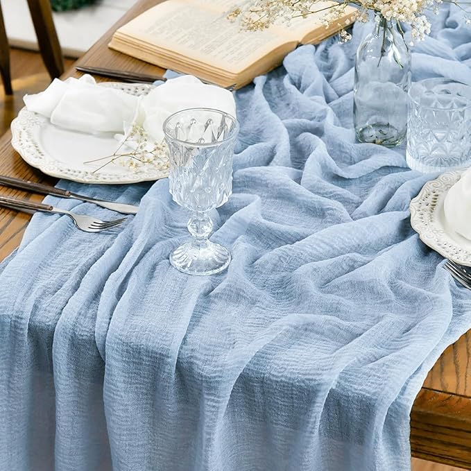 Artoid Mode Boho Cheesecloth Gauze Ice Blue Wedding Table Runner, 120 Inch Seasonal Fabric Kitchen Dining Holiday Table Decor for Home Party Indoor