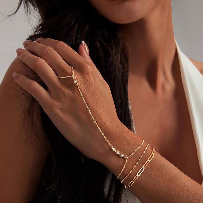 My Queen Gold Bracelets for Women 14K Gold Plated Dainty Stackable Hand Chain Bracelet Trendy Ring Chain Bangle Cuff Bracelets Adjustable Body Jewelry Set Gifts