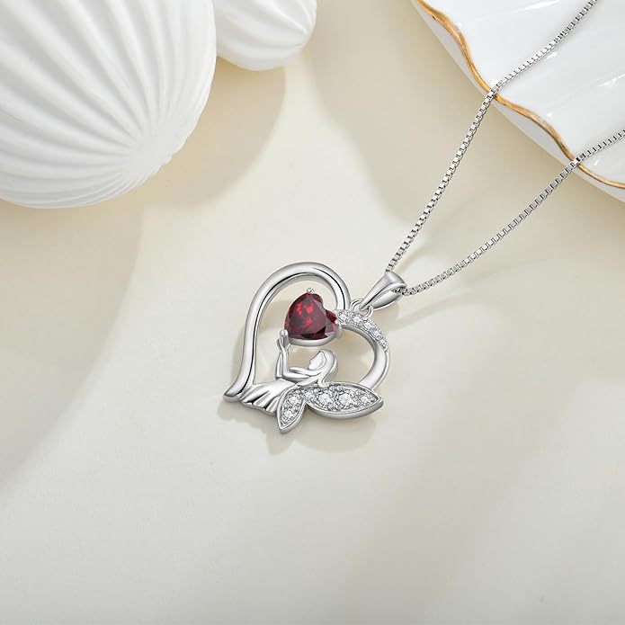 Guardian Angel Necklace 925 Sterling Silver Heart Angel Wings Pendant Birthstone Jewelry for Women