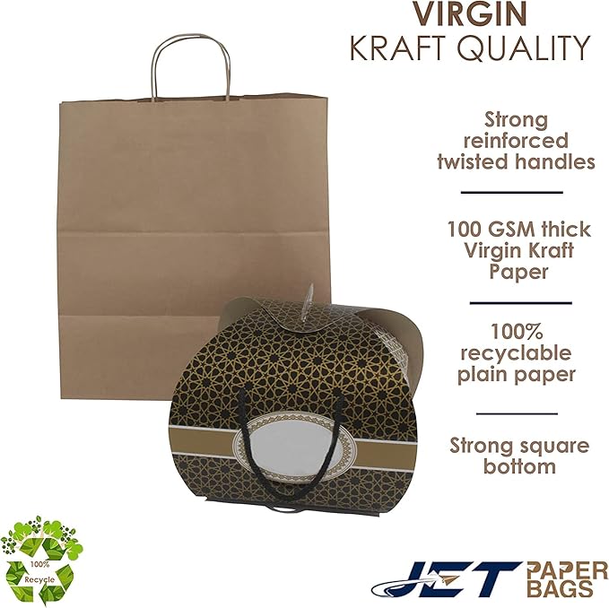 JET PAPER BAGS - 14”x9”x16” Inch [50 Pcs] Large Brown Paper Bags with Handles Prime for Takeout, Grocery, Goody, Retail, Party, Gifts, Weddings