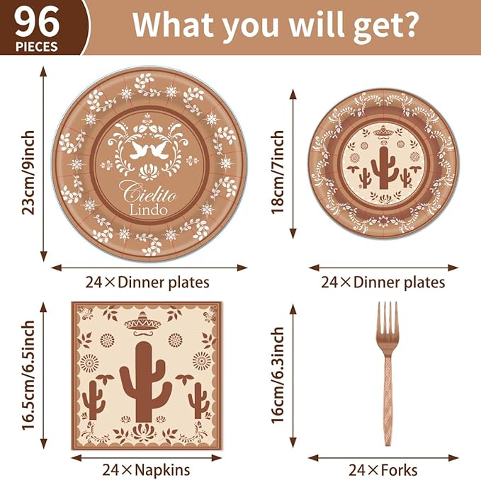 96Pcs Cielito Lindo Party Decorations Disposable Tableware Set - Cielito Lindo Paper Plates Napkins Forks Mexican Cinco de Mayo Fiesta Baby Shower Birthday Party Supplies Serve 24 Guests
