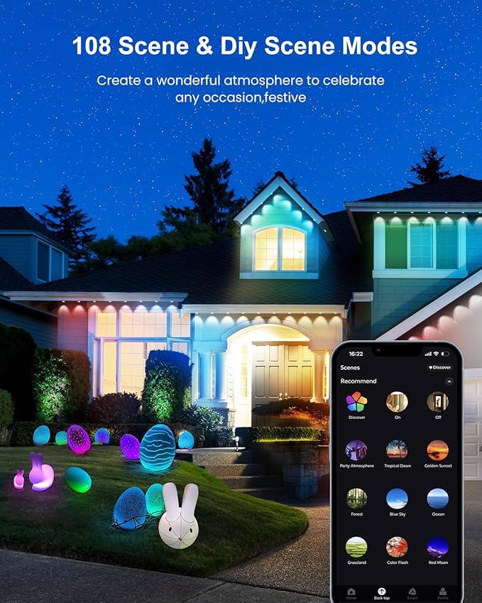 Permanent Outdoor Lights Pro, 50FT with 30 RGBCW IC LED String Lights Outdoor, IP68 Waterproof Smart Christmas Lights for House, Eaves, Daily, Party Decor, APP Alexa Google Control