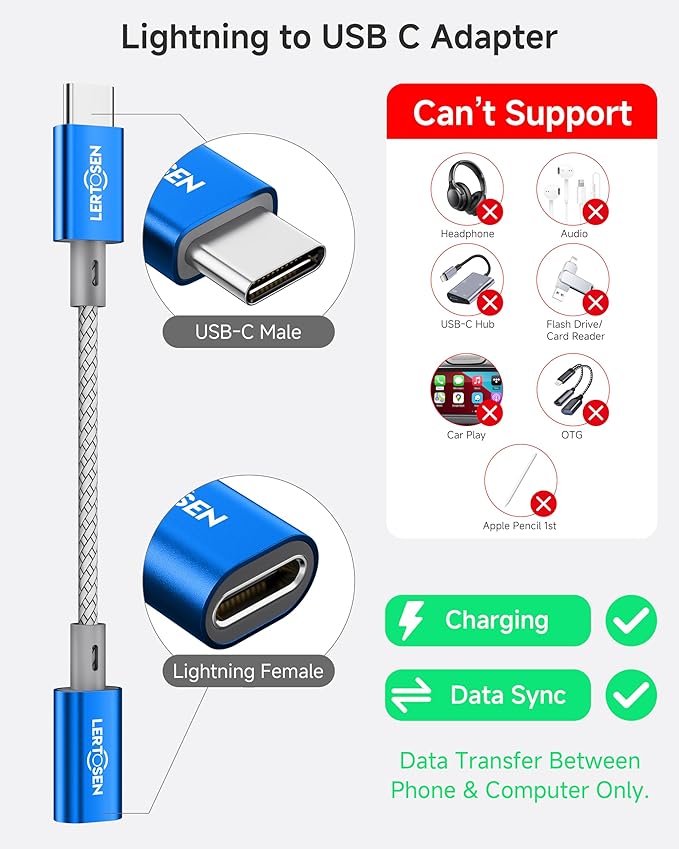 2 Pack Lightning to USB C Adapter,Lightning Female to USB C Male Cable Adapter Type C Charger Connector for iPhone 17 16 15 Pro Max Plus,Samsung S25/S24/S23,Fast Charging & Data Sync,Not for Audio/OTG