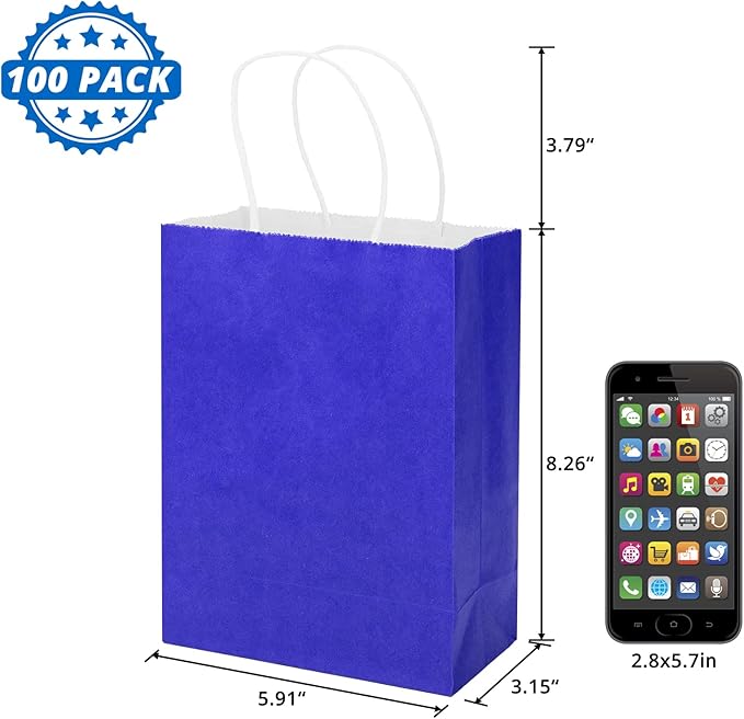 100 Pack 5.9x3.15x8.26 inch Small Gift Bags, Kraft Blue Bags with Handles Bulk for Birthday Party Favors,Gift Paper Bags,Retail Shopping Business Goody Craft Gift Bags