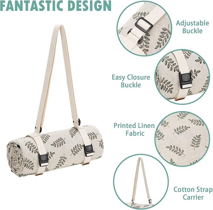 Beach Mat Sand Free Washable, Waterproof Camping Emergency Blankets | Picnic Baskets Accessories with Waterproof Backing and Shoulder Strap - Leaf