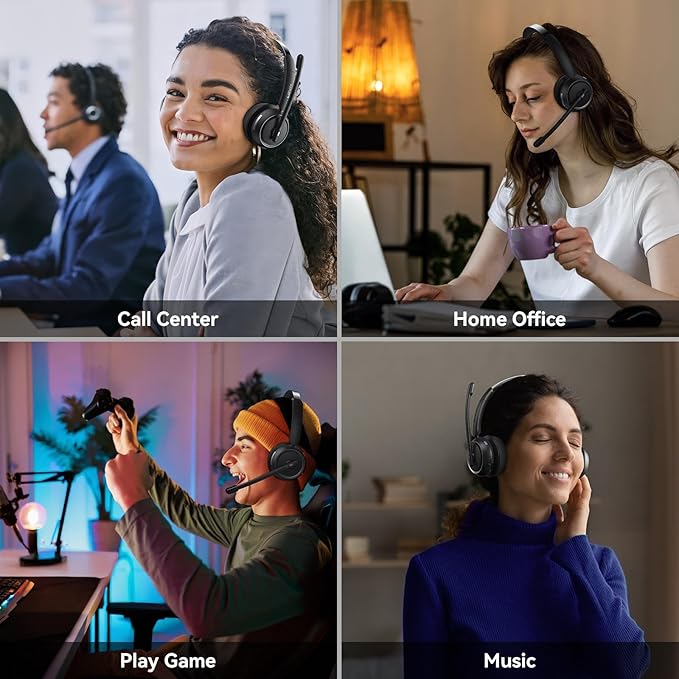 Wireless Headset with Mic for Work, Bluetooth Headset with Mic (AI Noise Canceling & Mic Mute), Wireless Headphones with USB Dongle & Charging Base for Work/Home/Call Center/PC/Computer/Zoom/Teams