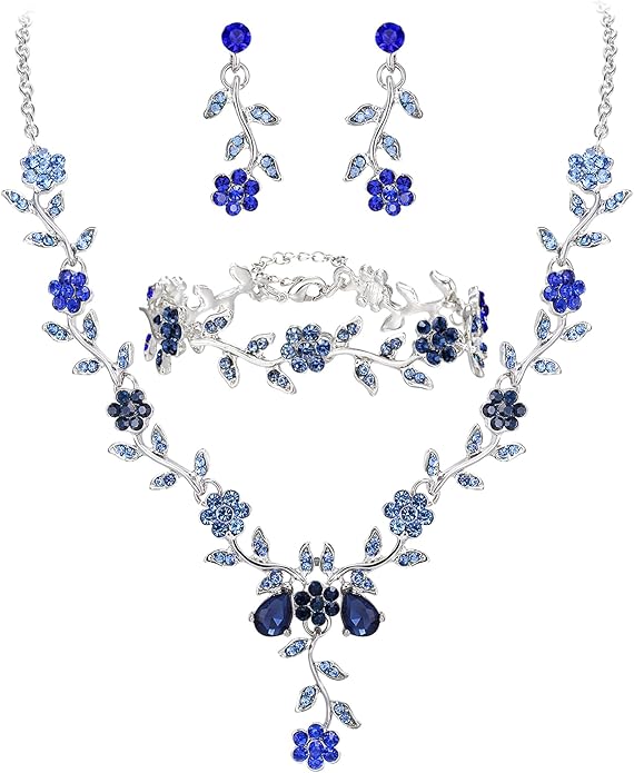 BriLove Women's Wedding Jewelry Leaf Cluster Flower Crystal Dangle Earrings Pendant Necklace Set for Bridal