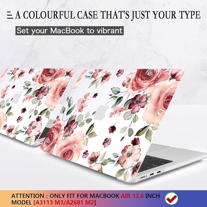 CISSOOK for MacBook Air 13.6 inch Case 2025 2024 2022 Release A3240 A3113 A2681, Matte Hard Shell Case Flower Cover with Keyboard Cover + USB Adapter for MacBook Air 13.6 M2 M3 M4 with Touch ID