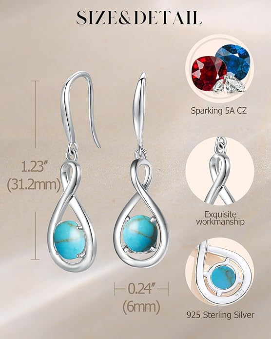 FANCIME Valentines Day Gift Dangle Drop Earrings 925 Sterling Silver Dainty Infinity Round Gemstone Birthstone Jewelry Birthday Gifts for Her Women