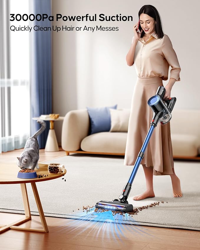 WLUPEL Cordless Vacuum Cleaner, 30KPA 400W Powerful Stick Vacuum with 45Mins Detachable Battery, 80000RMP Lightweight Handheld Vacuum with Adjustable Suction Modes for Hard Floor/Carpet/Pet Hair/Car