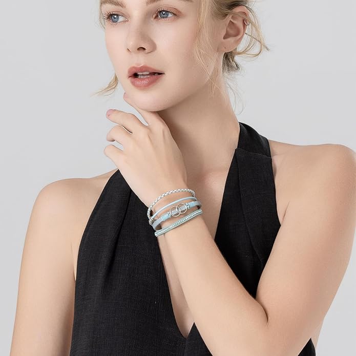 FANCY SHINY Boho Leather Wrap Bracelet Stackable Infinity Chunky Cuff Bracelets Western Hippie Outfits Jewelry Valentine Gifts for Women