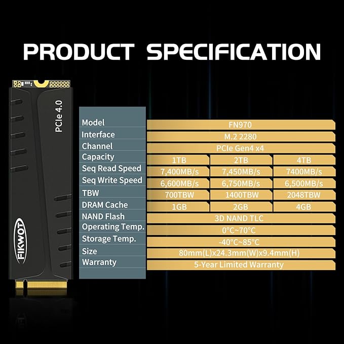 FN970 4TB M.2 2280 PCIe Gen4 x4 NVMe 1.4 Internal Solid State Drive with Heatsink - Speeds up to 7,400MB/s, Configure DRAM Cache, Compatible PS5 Internal SSD