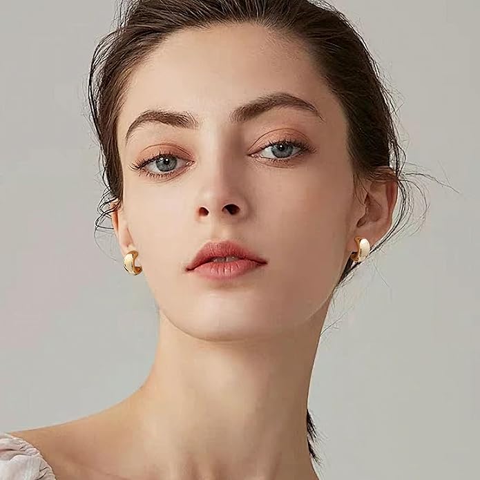 Gamicy Small 14K Gold Plated Hoop Earrings for Women with 925 Stering Silver Post, 14K Real Gold Plated Chunky Lightweight Hoops Earrings