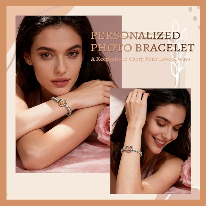 WBW Custom Photo Charm Bracelet for Women Personalized Picture Bracelet with Cute Heart Pendant Customizable Jewelry Chain Name Date Text Valentine‘s Day Gift for Her Girlfriend Wife