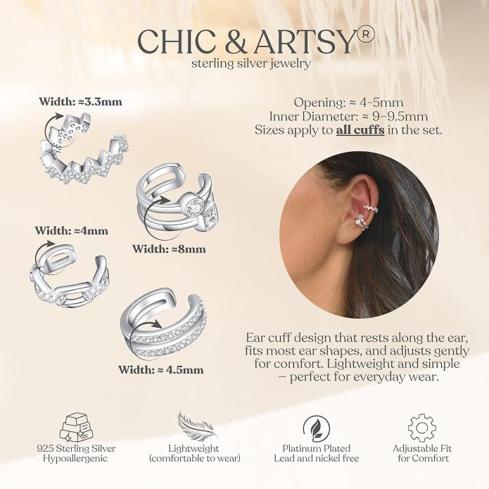 CHIC & ARTSY 925 Sterling Silver Ear Cuffs for Women, Non Piercing Clip On Cartilage Cuffs, Adjustable Fake Conch & Helix Earrings, Gold Plated & Oxidized Various Styles