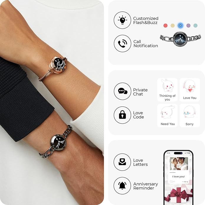 TOTWOO Long Distance Touch Bracelets for Couples, Smart Light & Vibration Love Jewelry, Long Distance Valentines Day Gifts for Him Her Women Men, One-to-One Bluetooth Pairing via App
