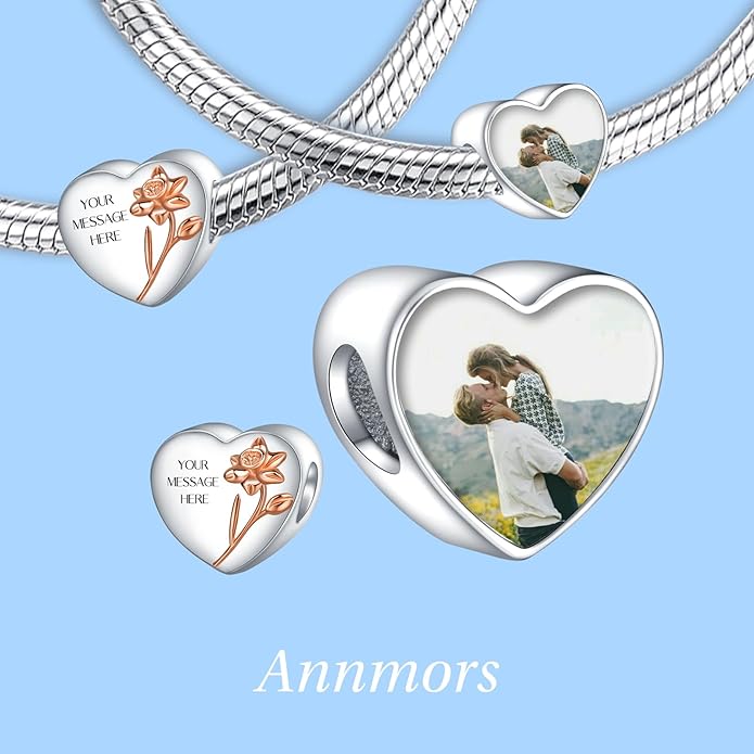 Annmors Personalized Photo Charm for Bracelet Necklaces,925 Sterling Silver Charm Love Heart Shaped Engraved Customize Picture Gift for Birthday Mother's Day Christmas,Bead Charms Jewelry for Women