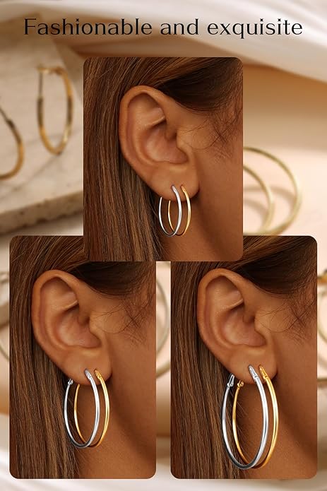 4/6 Pairs Gold Silver Hoop Earrings for Women 14K Gold Plated Hypoallergenic 2mm Thin Hoops Stainless Steel Lightweight Dangle Set 30/40/50/60mm