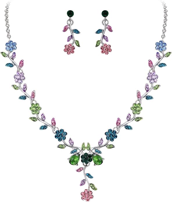 BriLove Women's Wedding Jewelry Leaf Cluster Flower Crystal Dangle Earrings Pendant Necklace Set for Bridal