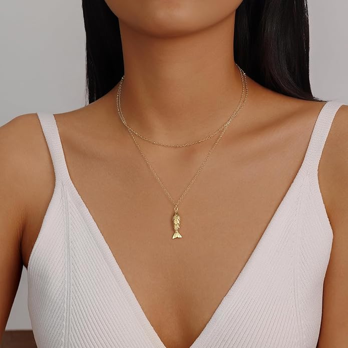Evabelle Gold Layered Necklace for Women Trendy Jewelry 14K Real Gold Plated Chunky Chain Stackable Necklaces Dainty Choker Necklaces Rectangle Square Pendant