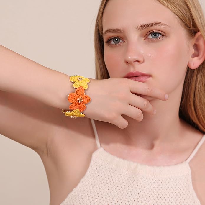 Raffia Flower Cuff Bracelet for Women, Floral Chunky Bangle Wide Open Cuff Statement Bracelet