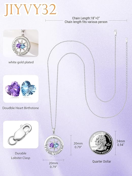 Compass Necklace for Women, Exquisite S925 Valentines Day Anniversary Birthday Gifts for Wife Her Double Birthstone Pendant Jewelry ‘I'd be Lost Without You’