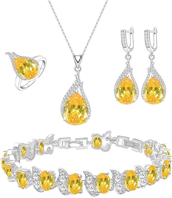 LMXXVJ Jewelry Set for Women,Teardrop Cubic Zirconia Necklace Earrings Adjustable Ring Bracelet Jewelry Set Formal Jewelry Gift