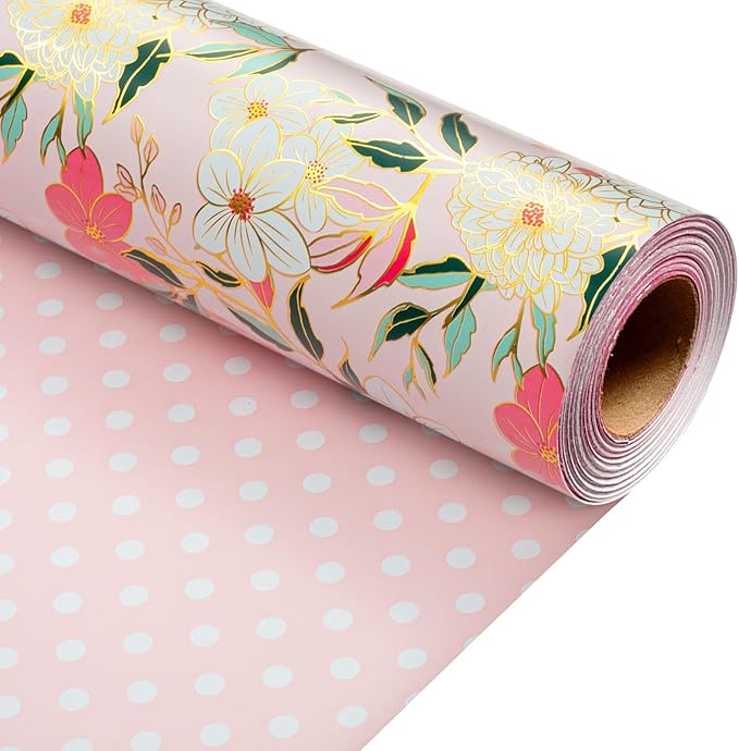 MAYPLUSS Pink Flower Wrapping Paper Roll, Gold Edge Design Floral Gift Wrap For Mothers Day, Wedding, Bridal Shower, Birthday, 17 Inch x 33 Feet