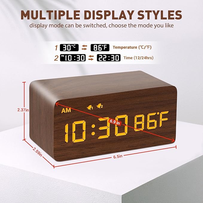 MOSITO Digital Wooden Alarm Clock with Wireless Charging, 0-100% Dimmer, Dual Alarm, Weekday/Weekend Mode, Snooze, Wood LED Clocks for Bedroom, Bedside, Desk, Kids (Brown)