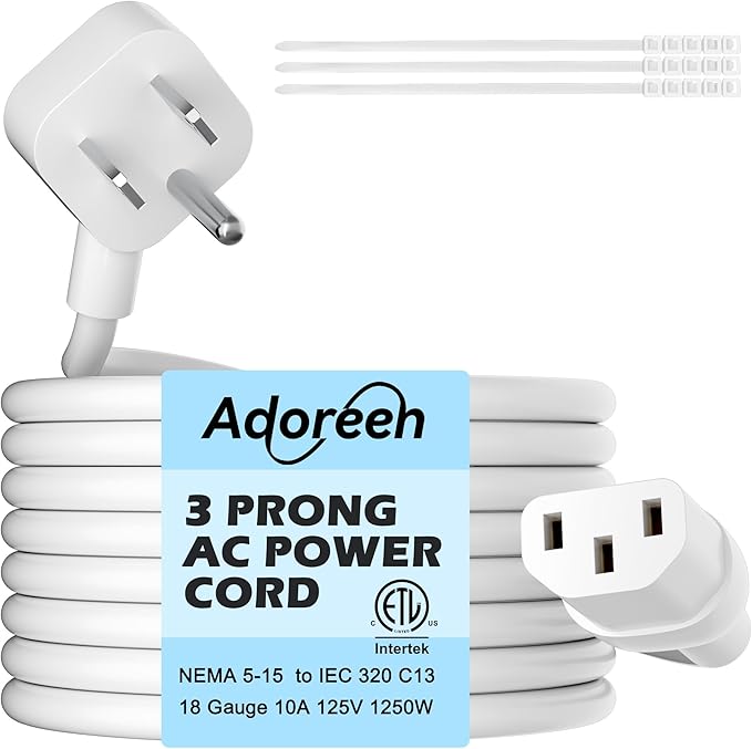 Adoreen 4 Ft Computer TV Replacement Power Cord White, Low Profile Flat Plug 18AWG 3-Prong AC Universal Power Supply Cable NEMA 5-15P to IEC 320 C13 for Printer, PC, Monitor TV LCD, ETL+Ties